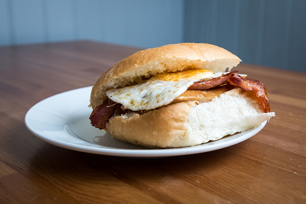 Bacon, sausage and egg bap